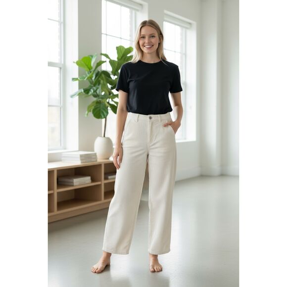 Zara Wide Ribbed Corduroy Pants Women's Size Size 2 High Rise Wide Leg Ivory - Picture 1 of 14